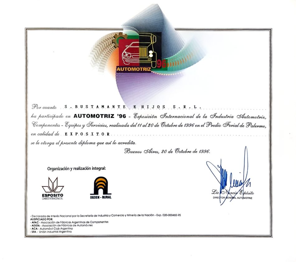 Diploma de Automotriz ’96 a S. Bustamante e Hijos
