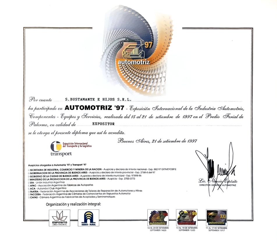 Diploma de Automotriz ’97 a S. Bustamante e Hijos