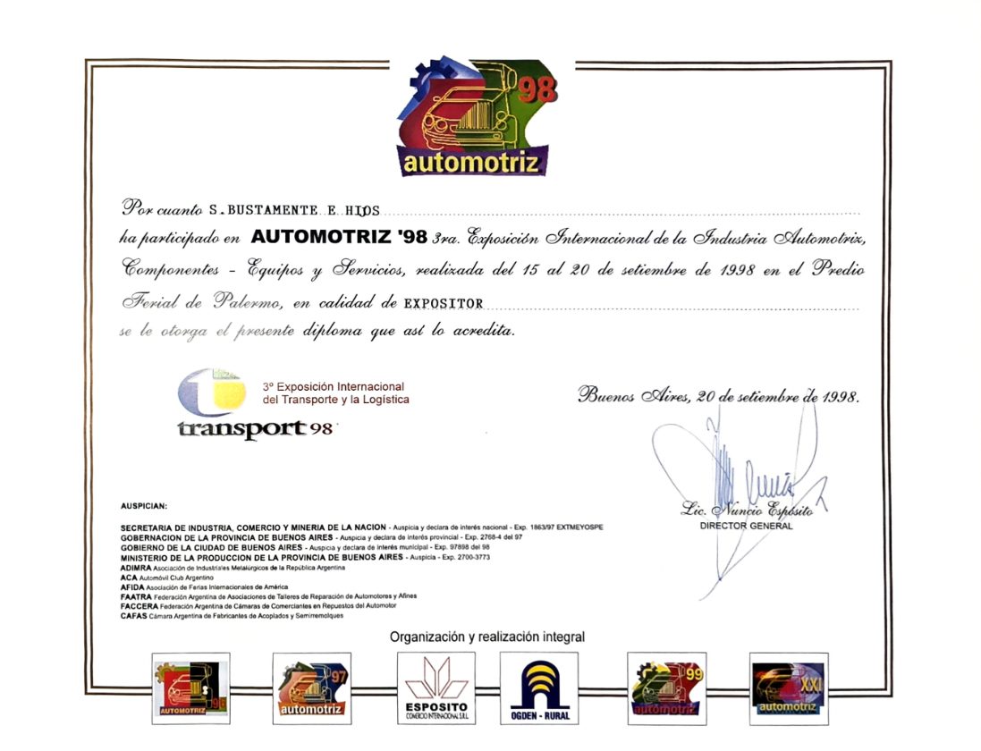 Diploma de Automotriz ’98 a S. Bustamante e Hijos