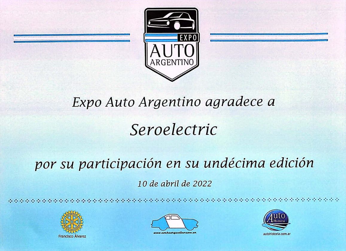 Certificado de Expo Auto Argentino a Sero Electric por su participación en la undécima edición, 2022