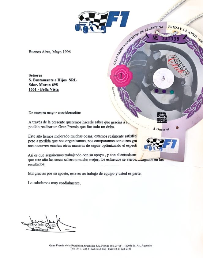 Carta del Gran Premio de la República Argentina de Fórmula 1 y credencial Paddock Club, 1996