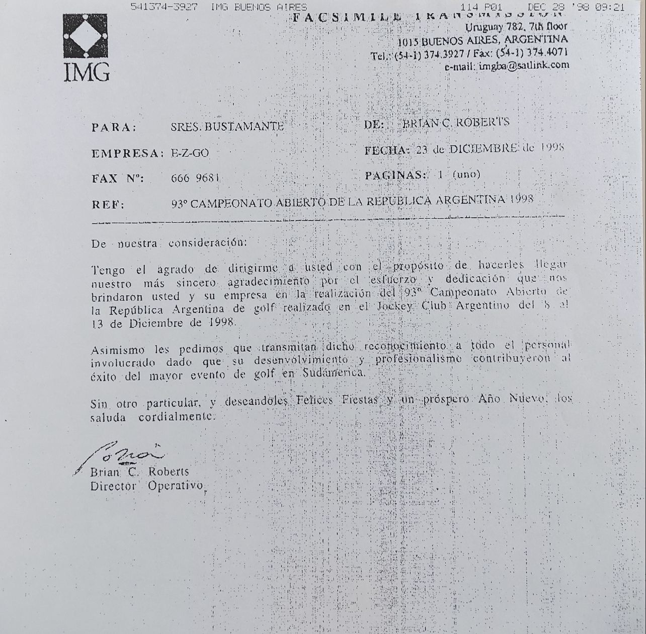 Carta de agradecimiento de IMG por el 93º Campeonato Abierto de la República Argentina de golf, diciembre de 1998