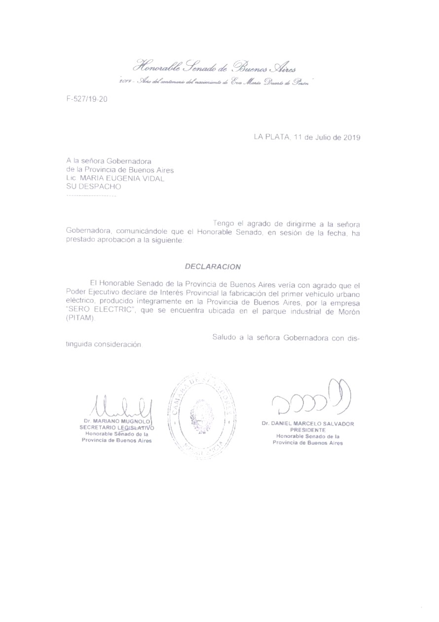 Declaración del Honorable Senado de la Provincia de Buenos Aires para declarar de Interés Provincial la fabricación del primer vehículo urbano eléctrico de Sero Electric, julio de 2019