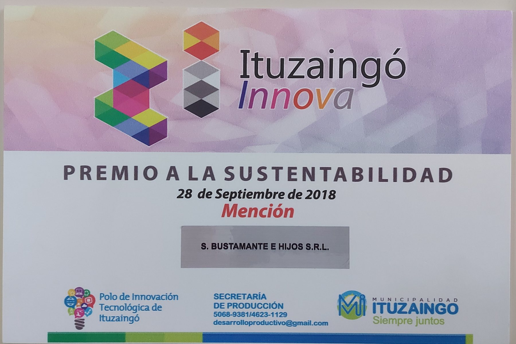 Mención del Premio a la Sustentabilidad de Ituzaingó Innova a S. Bustamante e Hijos, septiembre de 2018
