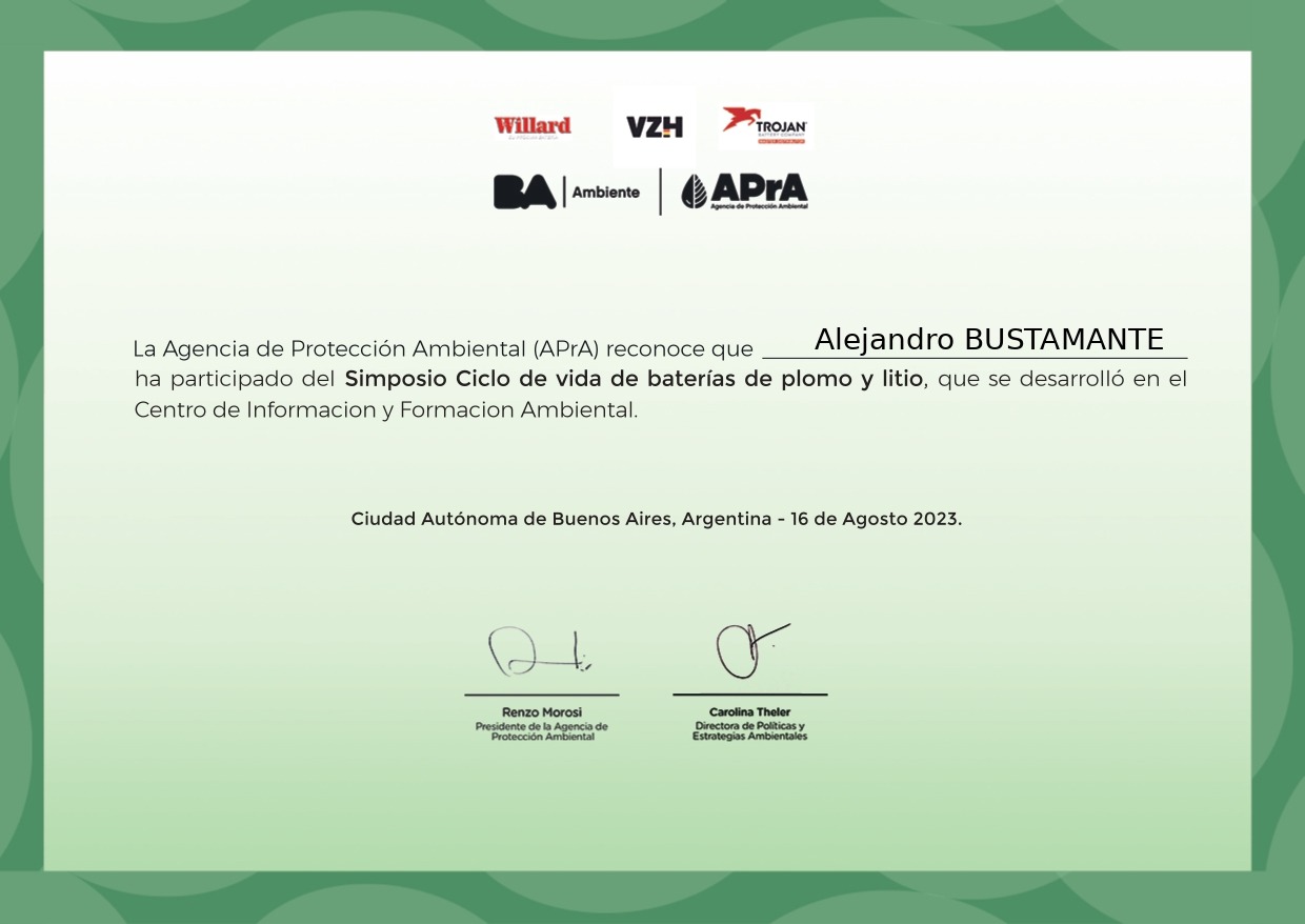 Certificado de la Agencia de Protección Ambiental por la participación en el Simposio Ciclo de vida de baterías de plomo y litio, agosto de 2023
