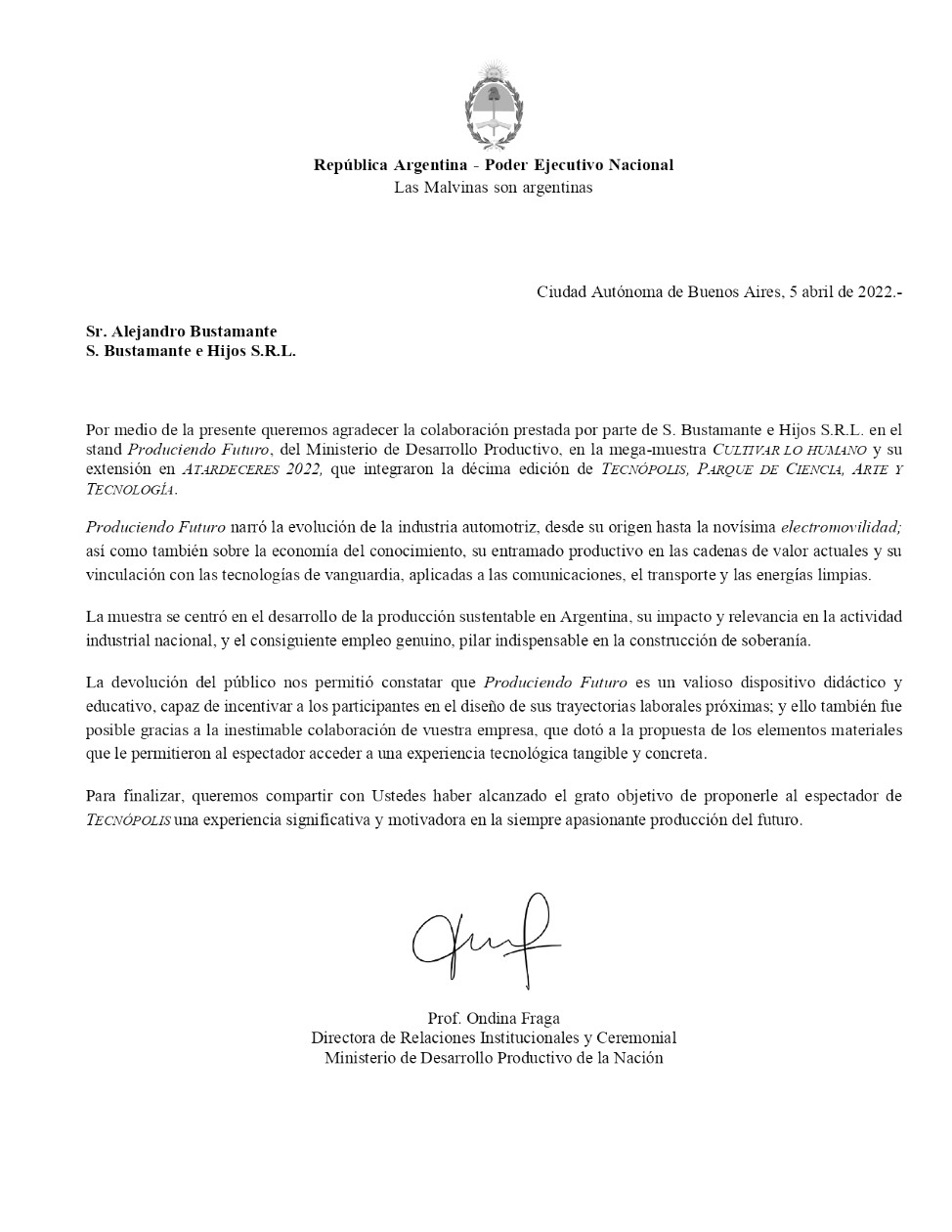 Agradecimiento del Ministerio de Desarrollo Productivo de la Nación por la participación en Tecnópolis, 2022