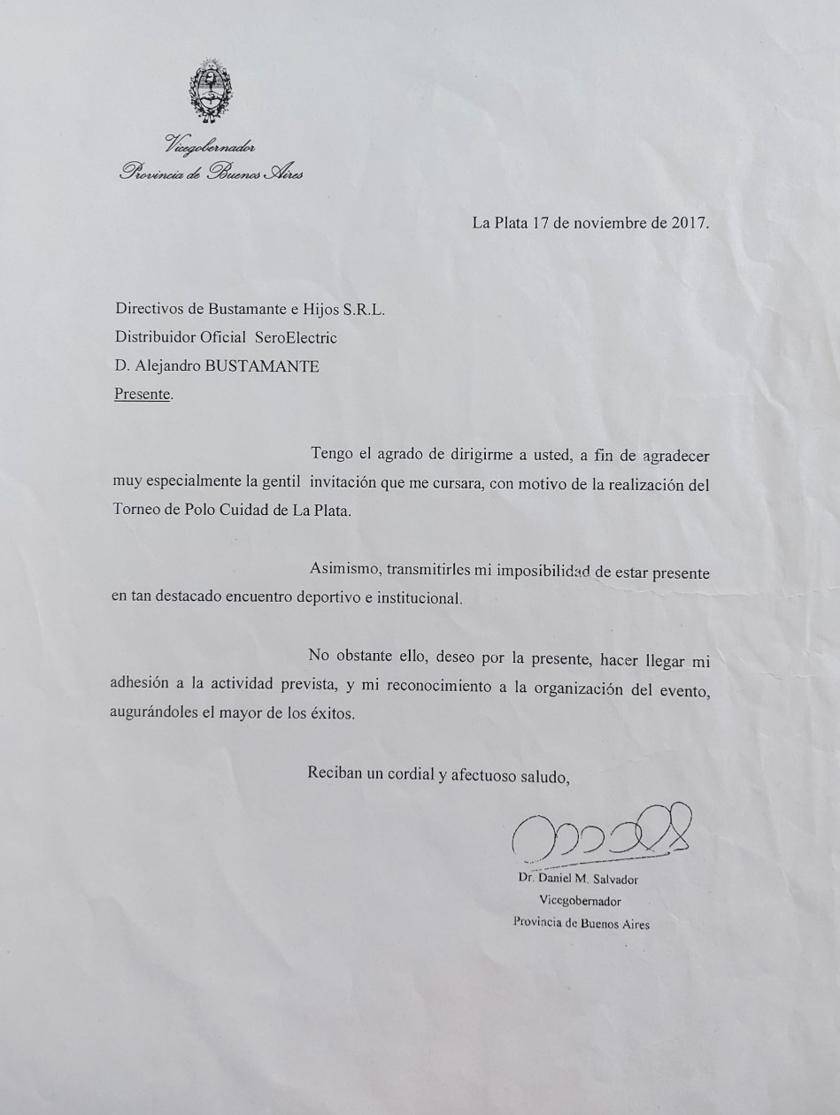 Carta del Vicegobernador de la Provincia de Buenos Aires por el Torneo de Polo Ciudad de La Plata, noviembre de 2017