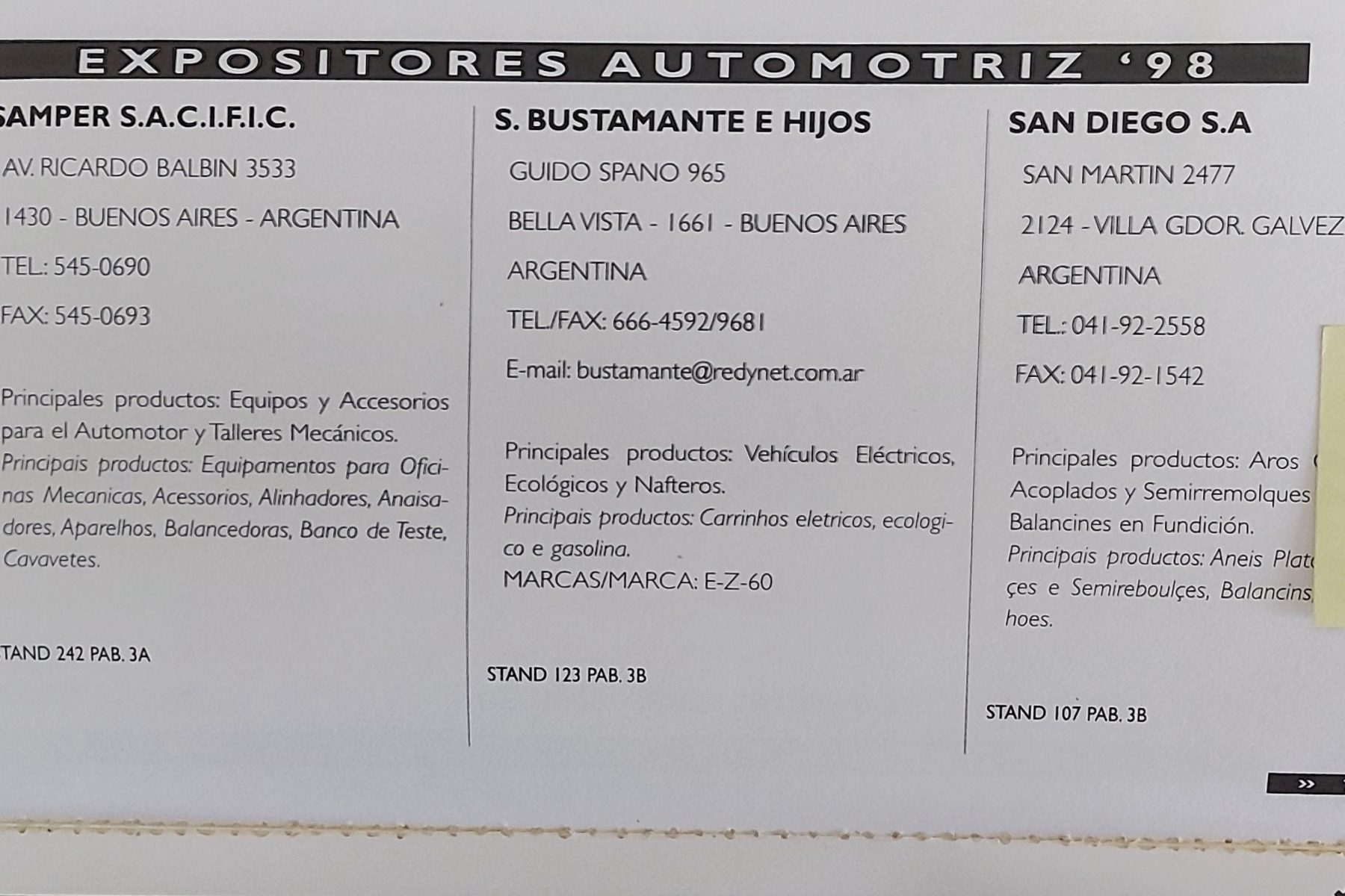 Listado de expositores de Automotriz ’98 con S. Bustamante e Hijos, 1998
