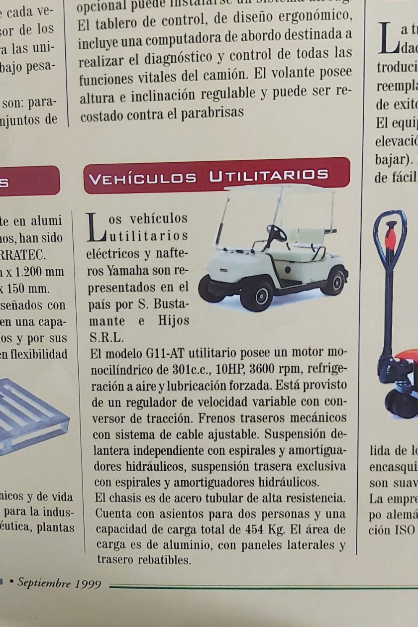 Nota sobre los vehículos utilitarios Yamaha representados por S. Bustamante e Hijos, septiembre de 1999