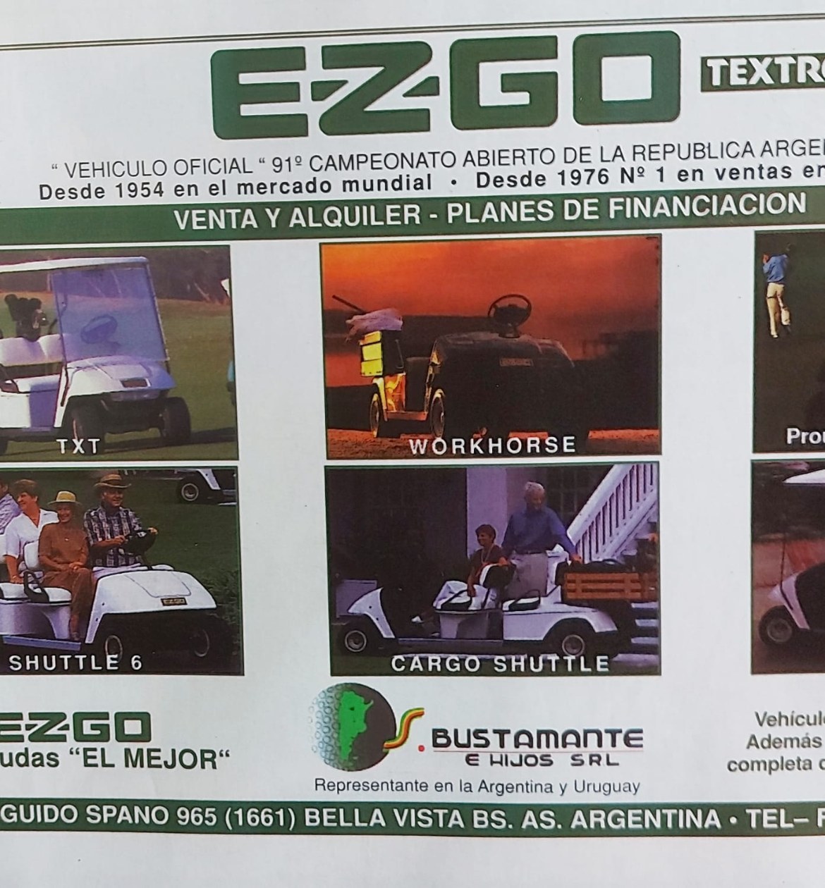 Aviso de E-Z-GO Textron, vehículo oficial del 91º Campeonato Abierto de la República Argentina de golf
