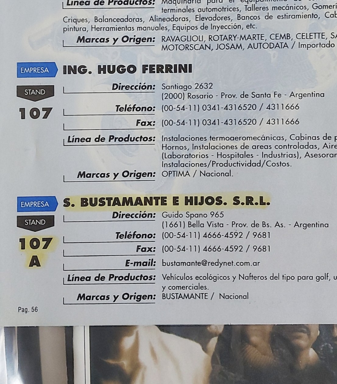 Ficha de S. Bustamante e Hijos S.R.L. en el catálogo de expositores, stand 107 A
