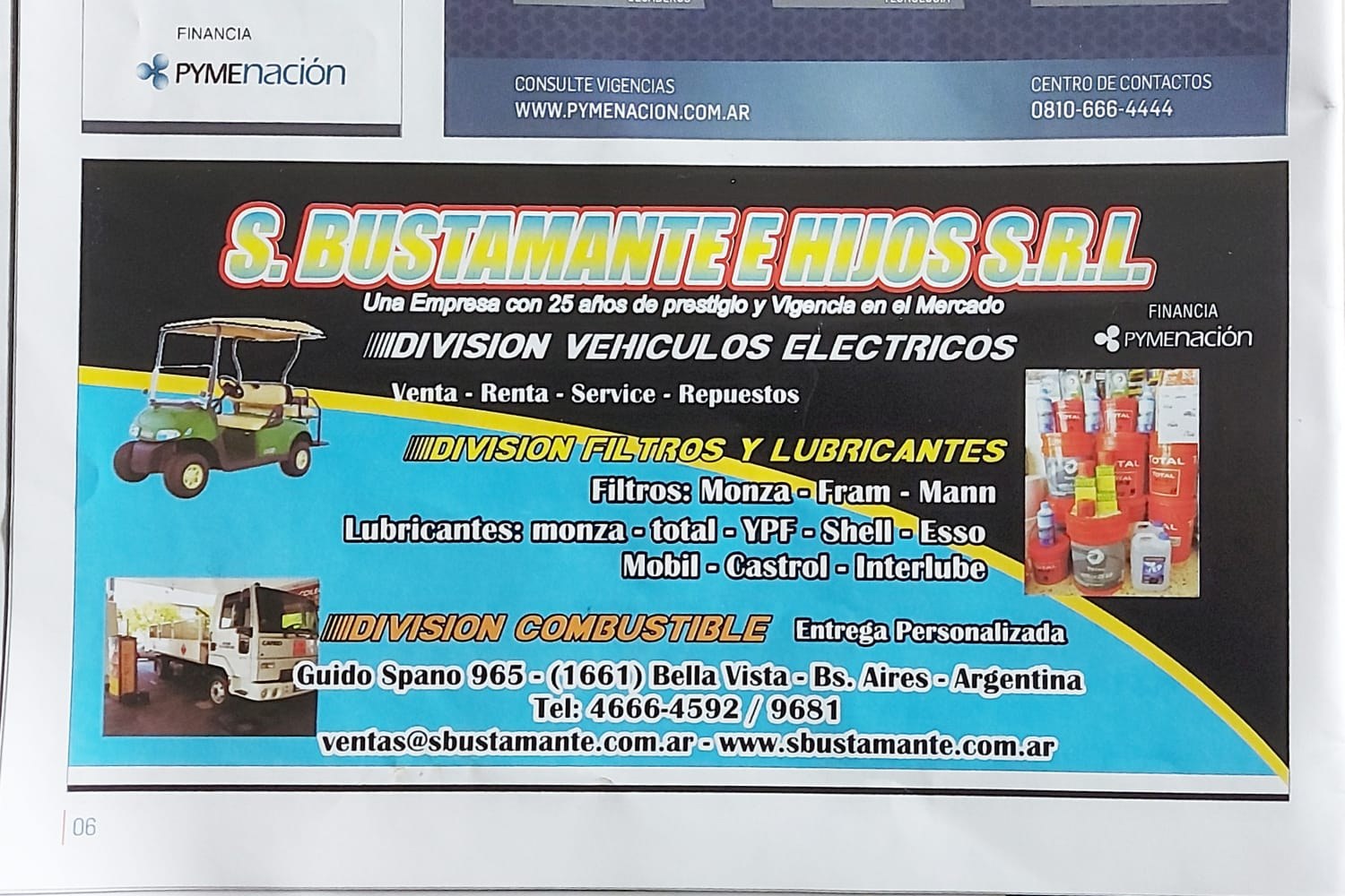 Aviso de S. Bustamante e Hijos S.R.L. con sus divisiones de vehículos eléctricos, filtros y lubricantes y combustible